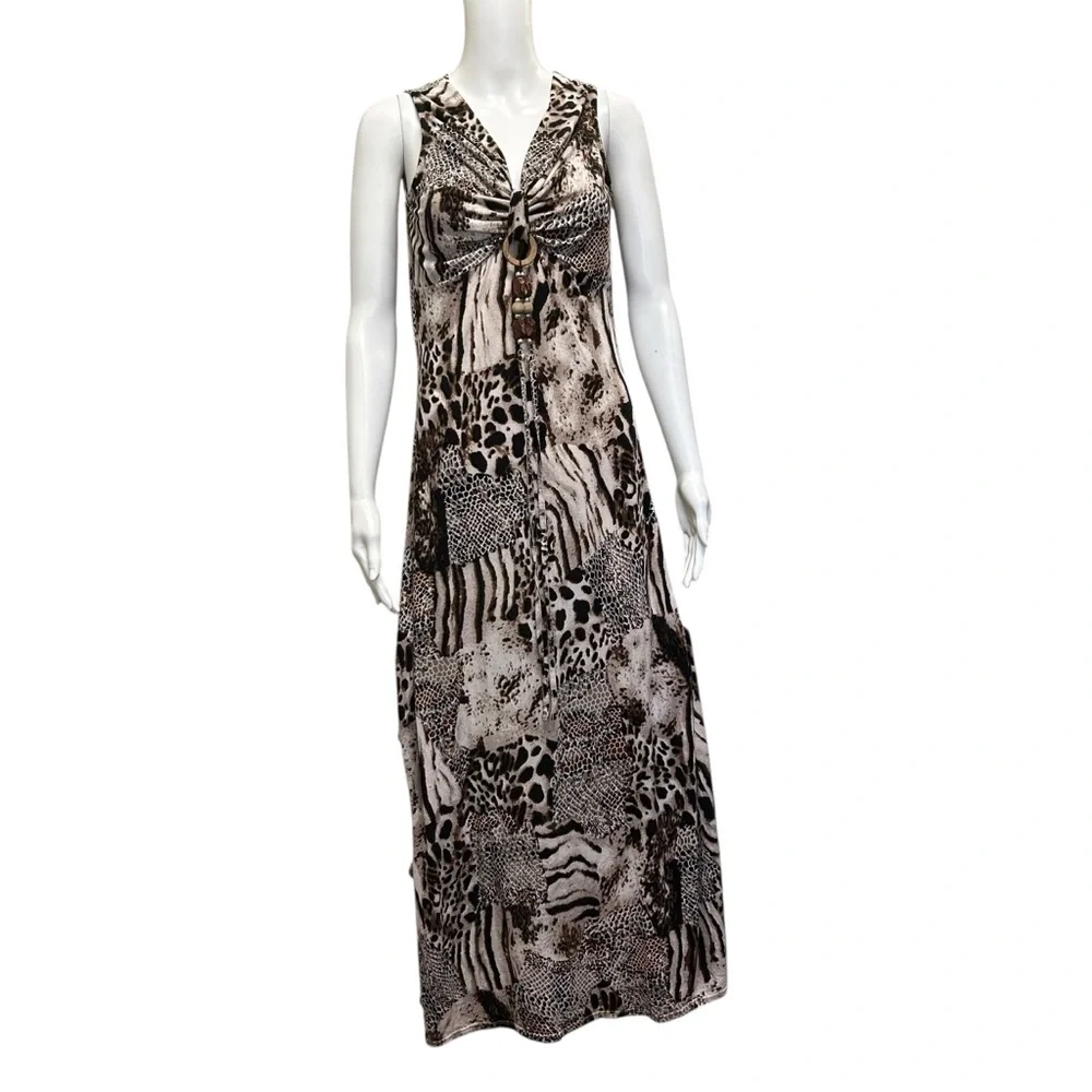 Alison Sheri Brown Animal Print V-Neck Beaded Maxi Dress - Size M - Picture 2 of 6
